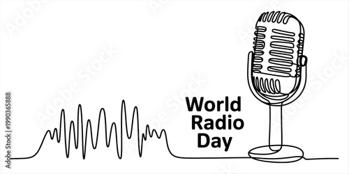 A single continuous line drawing illustration featuring a vintage microphone and sound wave pattern Vector, illustration