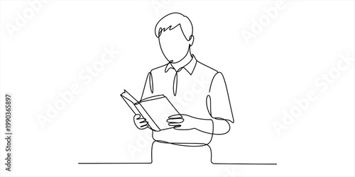 A continuous line drawing of a young man holding and reading an open book in a minimalist style Vector, illustration