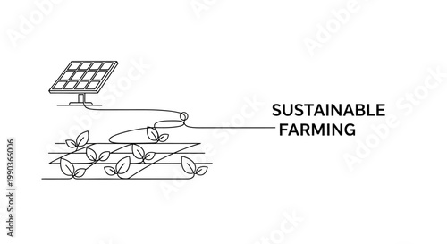 Continuous line drawing of solar panel powering an irrigation system for sustainable farming.