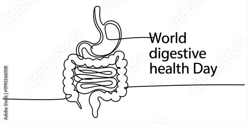 A single continuous line drawing of the human digestive system for world digestive health day Vector, illustration
