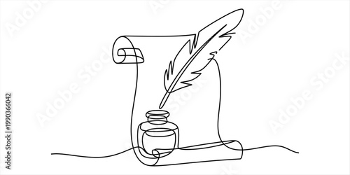 A single continuous line drawing of a vintage scroll with an inkwell and a quill pen standing up. Vector, illustration