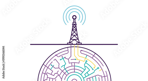 Simple vector illustration of a communication tower broadcasting signals above a complex circular circuit board grid pattern