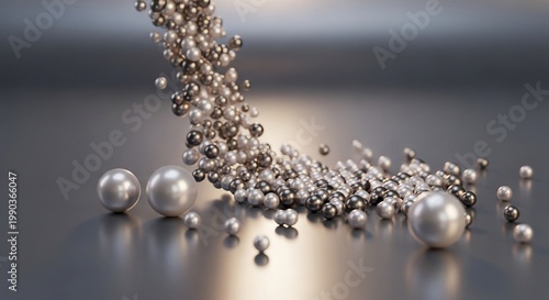 Dynamic cascade of gleaming metallic spheres scattering across a reflective surface, symbolizing scientific innovation, data flow, or advanced material aggregation in a sleek, modern abstraction