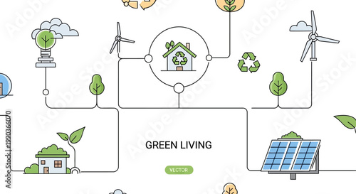 Green living concept illustration featuring sustainable energy and eco friendly lifestyle icons.