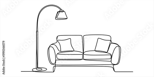 A minimalist single continuous line drawing of a comfortable sofa paired with a floor lamp setup Vector, illustration