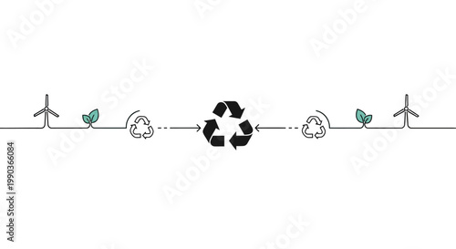 Continuous line art illustration of sustainable energy and recycling cycle.