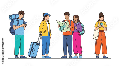 Group of young people with backpacks, suitcases, and maps traveling together