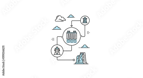 Hydroelectric power generation process diagram with thin line icons.