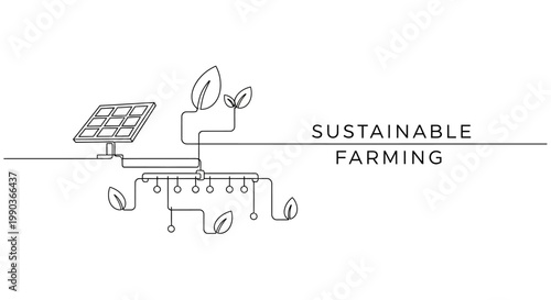Continuous single line drawing of sustainable farming with solar panels and irrigation.