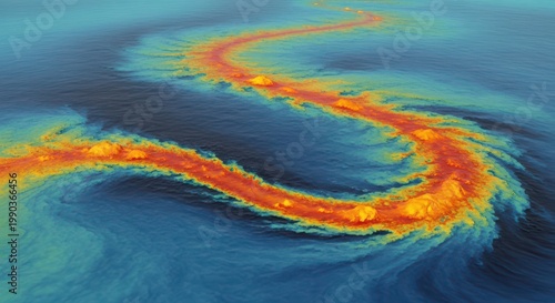 Abstract ocean current visualization, thermal heat map of winding sea water flow, vibrant orange and blue marine temperature data representation