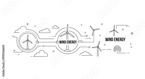 Wind Energy Concept Illustration with Linear Wind Turbines and Sustainable Power Icons.