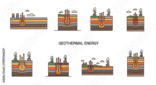 Set of geothermal energy power plant cross section diagrams.