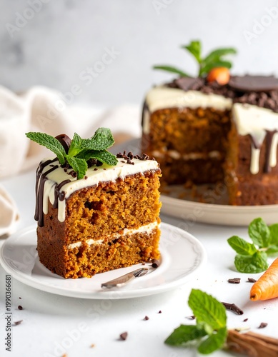 A slice of layered, frosted treat sits on a plate with a fork next to a cake with a slice missing. Garnishes include mint and chocolate