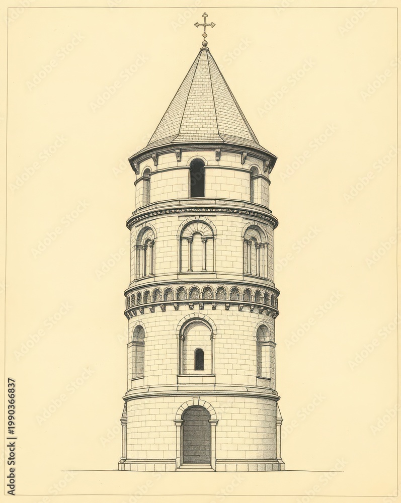 Fototapeta premium Classic architectural elevation showing a multi-tiered church tower facade