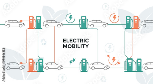 Electric mobility concept illustration with charging stations and electric cars.