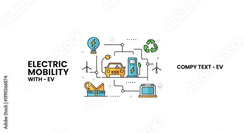 Electric mobility concept illustration with electric vehicle and green energy icons.