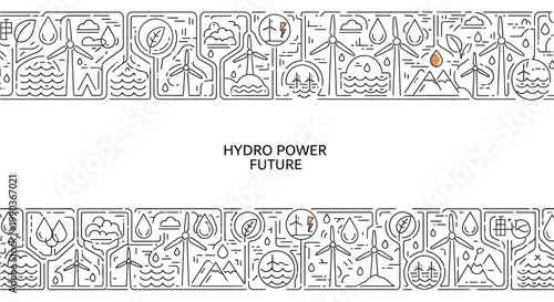 Hydro power future doodle concept with renewable energy icons.