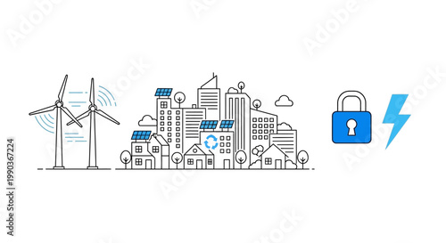 Illustration of sustainable energy city with wind turbines and secure electricity supply.