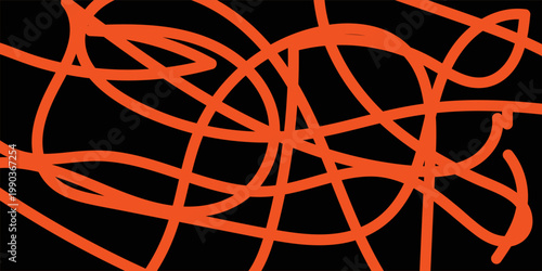 Abstract Orange Scribble Lines on Black Background, Minimalist Fluid Tangled Curves Vector Illustration