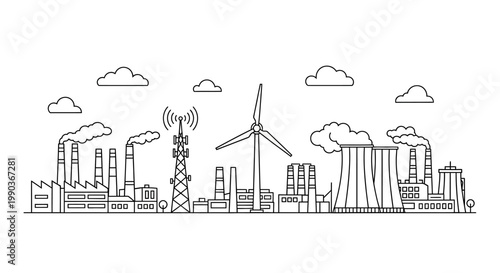 Industrial city landscape with power plants and wind turbines line art.