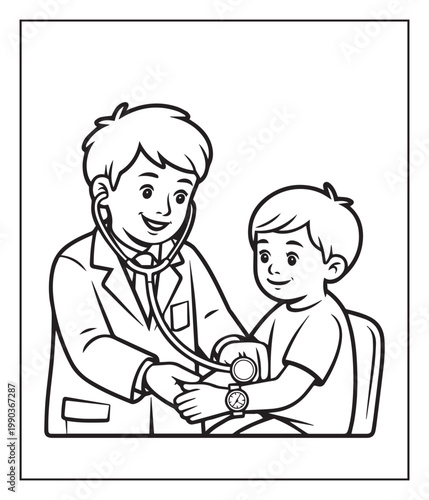 Medical student activity book of a cute doctor and patient in hospital black line art vector illustration coloring page for kids and adults