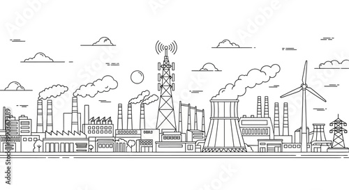 Hand drawn industrial cityscape illustration with factory buildings and power plants.