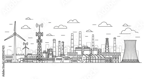 Industrial city landscape with power plants and wind turbines line art.