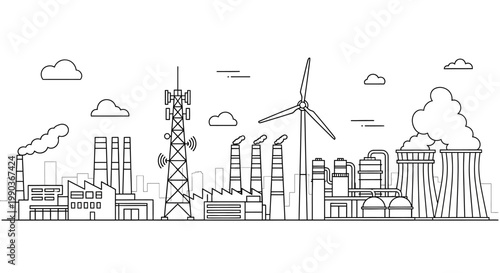 Industrial city landscape with power plants and communication tower in linear style.