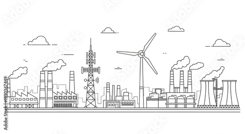 Industrial city landscape line art illustration.
