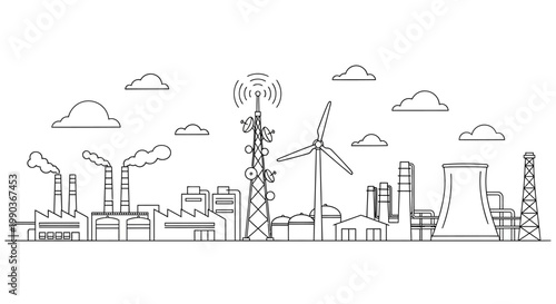 Industrial city landscape line art illustration.