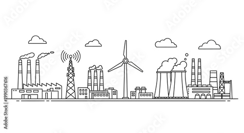 Hand drawn illustration of modern industrial skyline with energy sources.