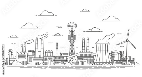 Industrial city landscape line art illustration with power plant and wind turbine.