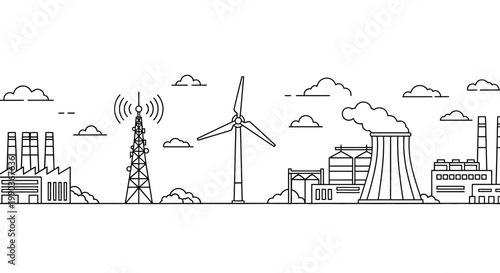 Industrial infrastructure landscape with power plants and communication tower.