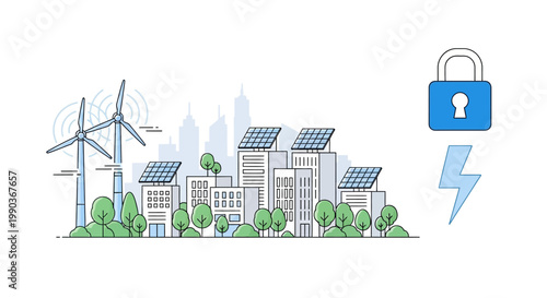 Smart City Energy Security Concept Illustration with Renewable Power and Digital Protection.