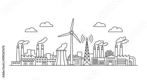 Industrial cityscape with power plant wind turbine and transmission tower line art.