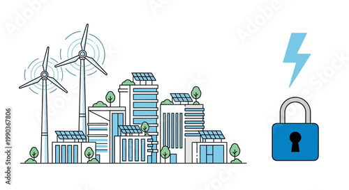 Smart eco city illustration with wind turbines solar panels and energy security padlock.