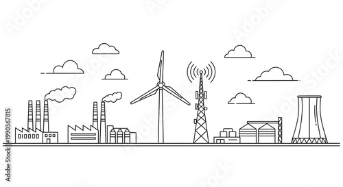 Industrial and energy infrastructure landscape outline vector illustration.