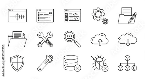 Collection of hand-drawn icons representing software development and technology concepts.