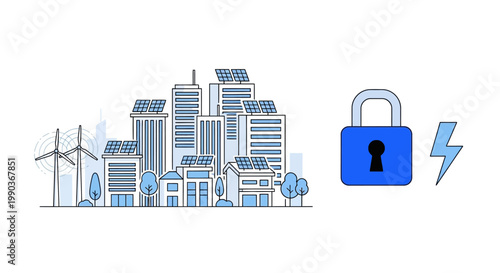 Illustration of sustainable smart city infrastructure with energy security concept.