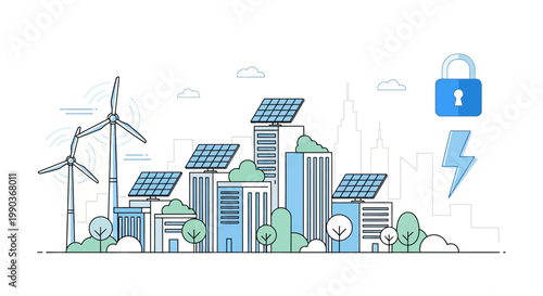Sustainable green city skyline with renewable energy wind turbines and solar panels.