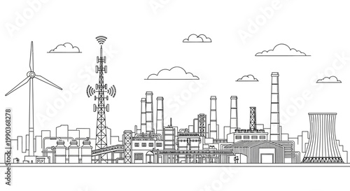 Industrial city landscape with power plant and telecommunication tower line art.