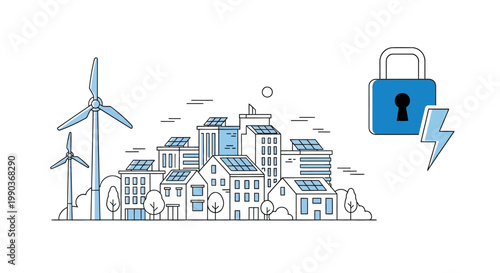 Illustration of sustainable smart city infrastructure with energy security padlock.