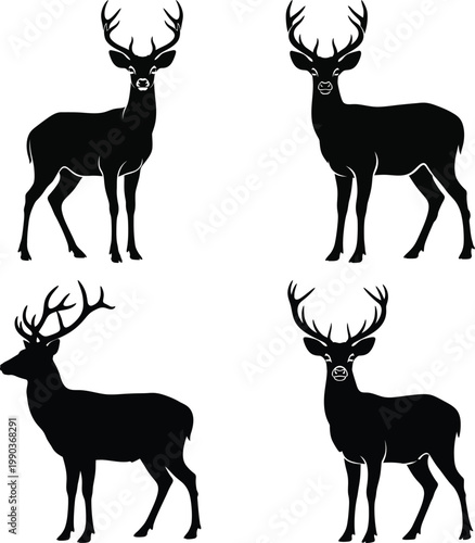 Four black deer silhouettes with antlers on white background 1