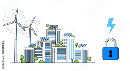 Sustainable city with wind turbines and solar panels protected by a secure padlock.