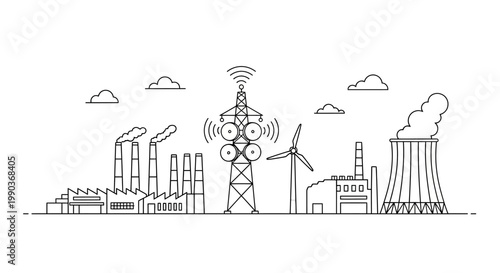 Industrial skyline line art with power plants and communication tower.