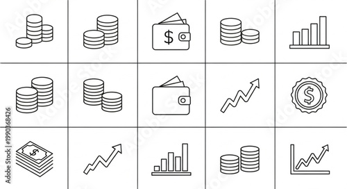 Financial Icons Set Representing Money Growth and Investment.