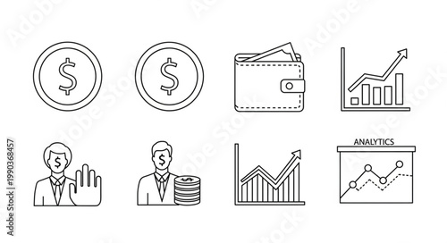 Financial Icons Representing Money Growth and Business Concepts.