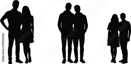 Silhouette illustration of three pairs of human figures in varied clothing styles, highlighting posture, proximity, and companionship through minimal design