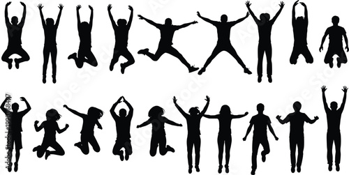 Silhouette illustration of multiple jumping human figures in varied poses, symbolizing energy, motion, celebration, and dynamic body movement design