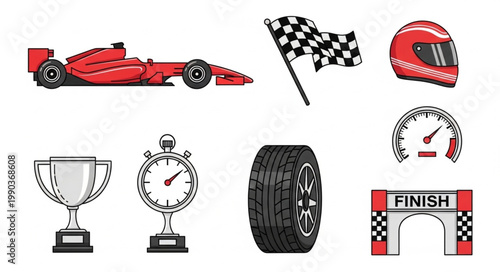 Collection of racing elements and symbols for motorsport.
